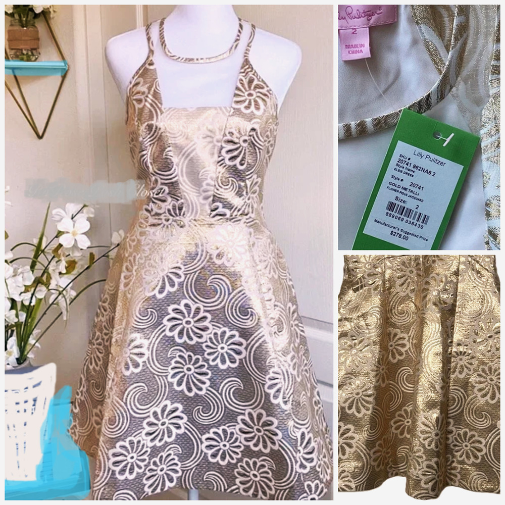 Lilly Pulitzer ELSIE Gold Dress 2 Metallic Flower Pique Jacquard Sheer NWT $278